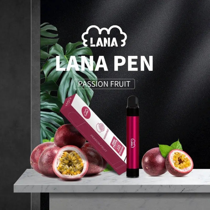 SGVape-Lana-Pen-2000-Puffs-Passion-fruit-flavor-with-passion-fruits-on-the-table-and-leafs-behind-it-in-the-black-color-background-LANA
