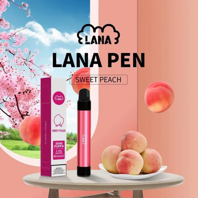 SGVape-Lana-Pen-2000-Puffs-Sweet-peach-flavor-with-peaches-and-sakura-tree-in-the-pastel-red-background-LANA