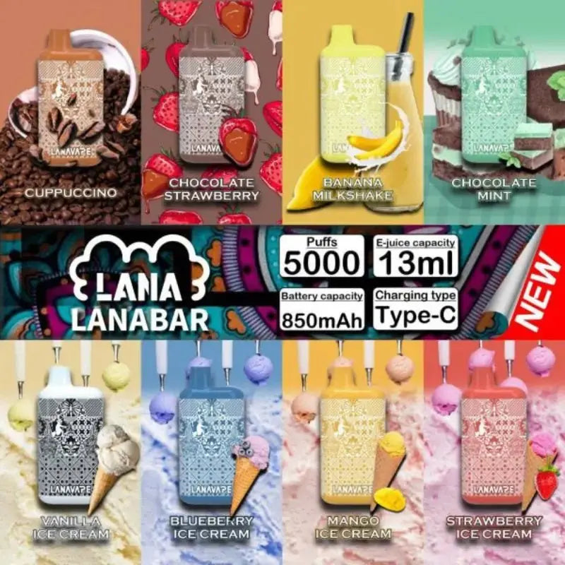 SGVape-LANA-BAR-5000-Puffs-Creamy-Series-Lanabar-Cappucino,-Lanabar-Chocolate-Strawberry,-Lanabar-Banana-Milkshake,-Lanabar-Chocolate-Mint,-Lanabar-Vanilla-Ice-Cream,-Lanabar-Blueberry-Ice-Cream,-Lanabar-Mango-Ice-Cream,-Lanabar-Strawberry-Ice-Cream-flavors-LANA